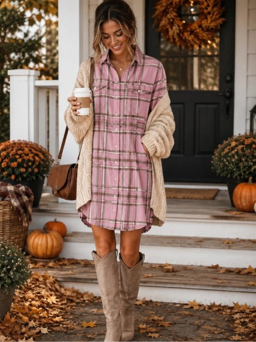 Outerknown | Women’s Pink/White/Olive Green Plaid Button Down Shirt Dress Sz XS